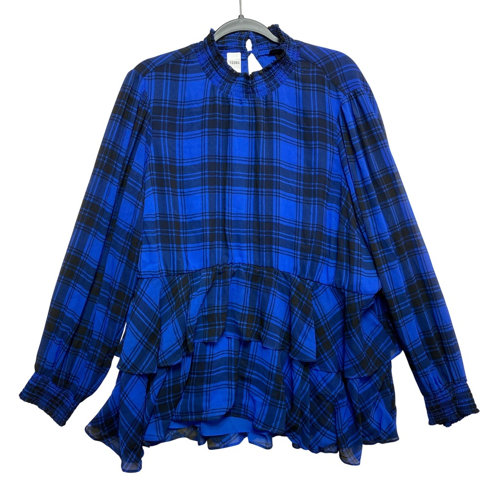 Torrid Blouse Womens 2X Blue Plaid Smocked Mock Neck Tiered Ruffle Hem